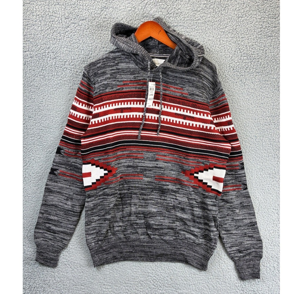 Sun + Stone Southwestern Aztec Hoodie Sweater Mens L Gray Red Casual Cozy NWT